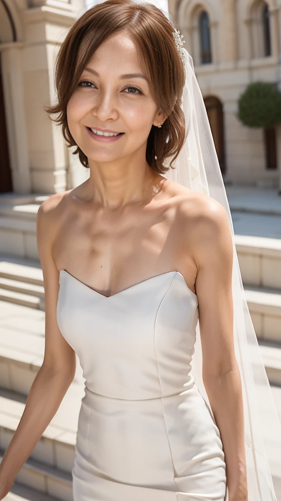 ((Highest quality)), ((8K)), ((masterpiece: 1.3)), (Perfect appearance), (Photorealism: 1.6), (JMA), (KE), (Japan Bride), (In front of the church), (sunny), Japanese women, (60 years old), (Natural light), ((Stand upright, Look forward, Center of screen)), ((Realistic skin texture)), (Fine wrinkles appear all over the skin), (Dullness), (Unmoisturized skin) , (Facial wrinkles), (Wrinkles around the eyes), double eyelid, Lower eyelid tear trough, The eyes are looking here, (Dimples), Laugh with the corners of your mouth wide open, Short Hair, (Blonde Hair), (Wedding dress), (Mermaid Line Dresses), (Face-hiding veil), (Bridal Veil), High heels, (Bouquet in hand), (Upper Body), (Angle from the feet),