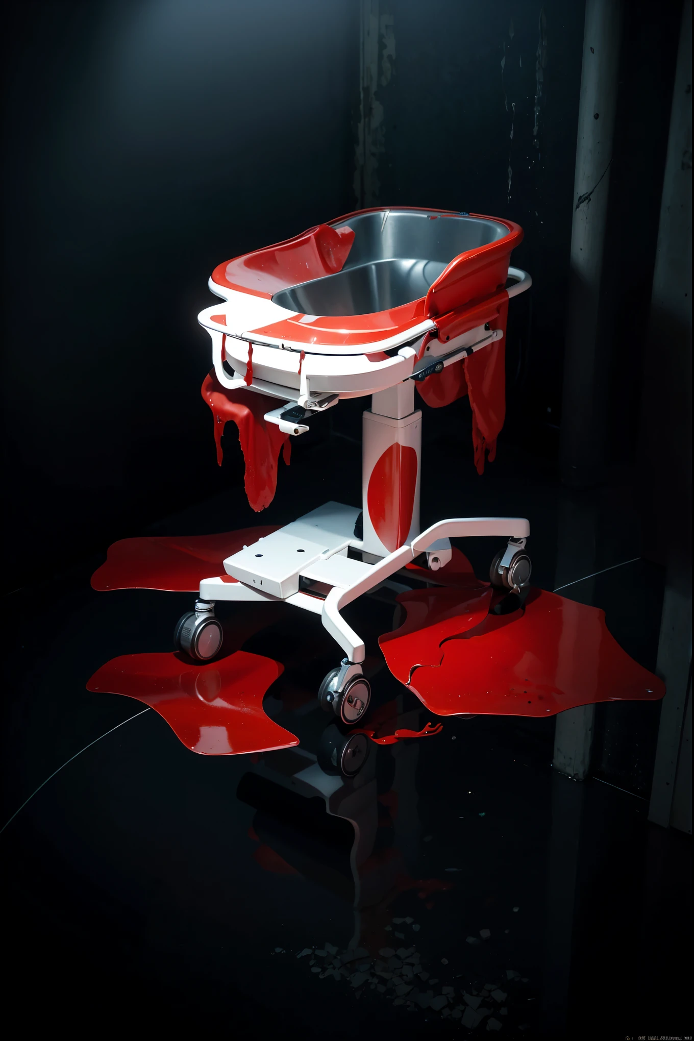 The image features a surgical or examination table, starkly white, with blood vividly splattered across its surface. The blood drips downward from the edges of the table, forming sinister pools on the reflective floor beneath. This grim scene is set in a dimly lit environment, amplifying the eerie and unsettling atmosphere. The depiction of flowing blood and accumulating puddles intensifies the sense of horror in the scene.