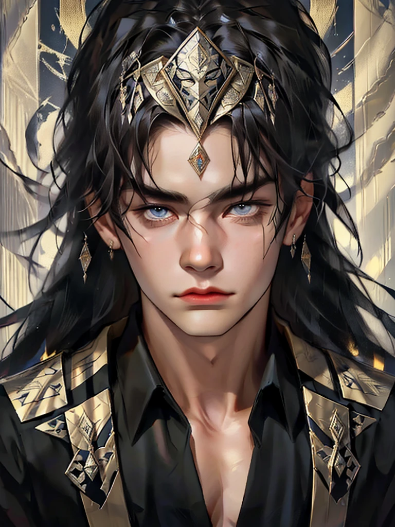 The man wore a black robe covered in intricate gold and silver decoration, patterned with ancient symbols representing power and wisdom. His face was covered by an elegant black mask with a design depicting the face of an invincible ancient god.