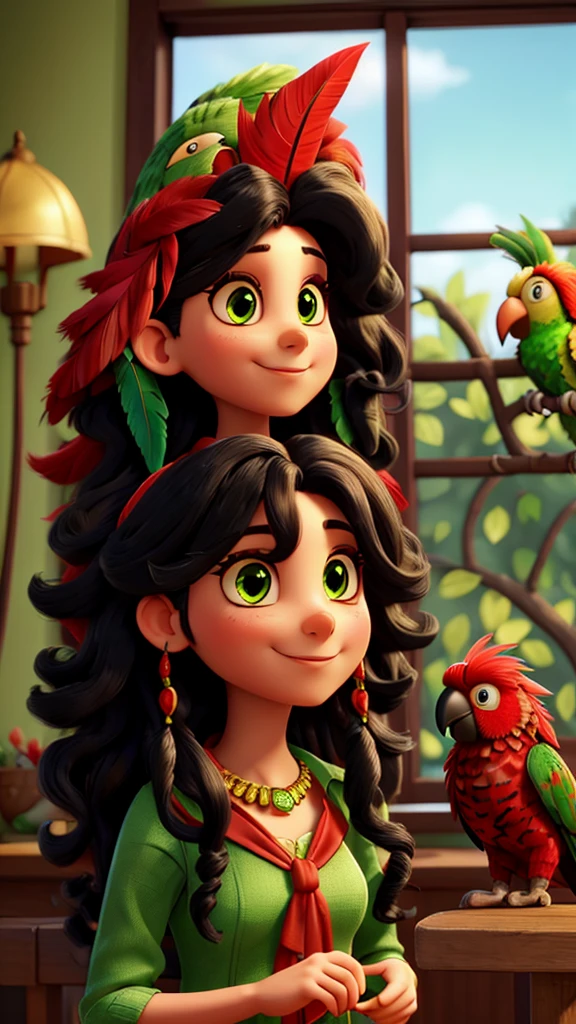 A woman with long black curly hair and green eyes facing a parrot with red feathers on her head.
The parrot is smiling with very big eyes