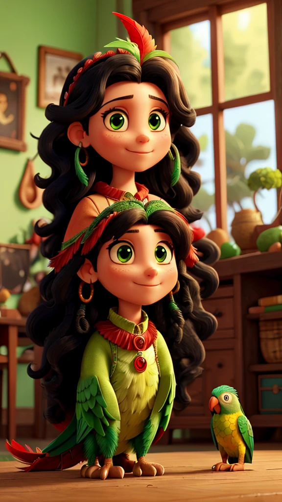 A woman with long black curly hair and green eyes facing a parrot with red feathers on her head.
The parrot is smiling with very big eyes