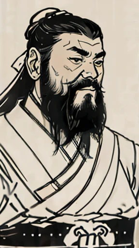 Monochrome,Oriental、Men in ancient Chinese costumes、(ancient chinese hairstyle male)、As seen in the Romance of the Three Kingdoms々military commander、Highest quality、masterpiece、Ultra-high resolution、(Realistic:1.4)、Game Poster、Crisp and beautiful image quality、Long beard、Embroidered cloth wrapped around a topknot、whole body ,((Skin of color, ),(long heavy black beard):1.2), ( (Very detailed, bloom:1.5), (Highest quality, Concept Art, 4K), (analog:1.2), (high sharpness), (Detailed pupil:1.1), (Painting:1.1), (digital Painting:1.1), Detailed face and eyes, masterpiece, Highest quality, (Very detailed写真:1.1), 8K, photoRealistic, (Black Hair, Dynamic Short Hair), (PurerosFace_v1:0.2), [:(Detailed face:1.2):0.2], sharp, Realistic, Realistic Shadow, 