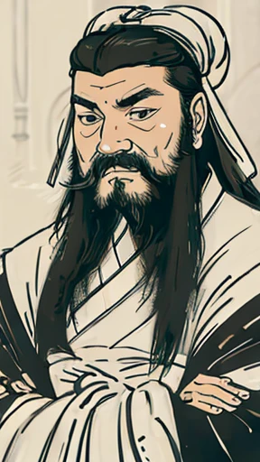 Monochrome,Oriental、Men in ancient Chinese costumes、(ancient chinese hairstyle male)、As seen in the Romance of the Three Kingdoms々military commander、Highest quality、masterpiece、Ultra-high resolution、(Realistic:1.4)、Game Poster、Crisp and beautiful image quality、Long beard、Embroidered cloth wrapped around a topknot、whole body ,((Skin of color, ),(long heavy black beard):1.2), ( (Very detailed, bloom:1.5), (Highest quality, Concept Art, 4K), (analog:1.2), (high sharpness), (Detailed pupil:1.1), (Painting:1.1), (digital Painting:1.1), Detailed face and eyes, masterpiece, Highest quality, (Very detailed写真:1.1), 8K, photoRealistic, (Black Hair, Dynamic Short Hair), (PurerosFace_v1:0.2), [:(Detailed face:1.2):0.2], sharp, Realistic, Realistic Shadow, 