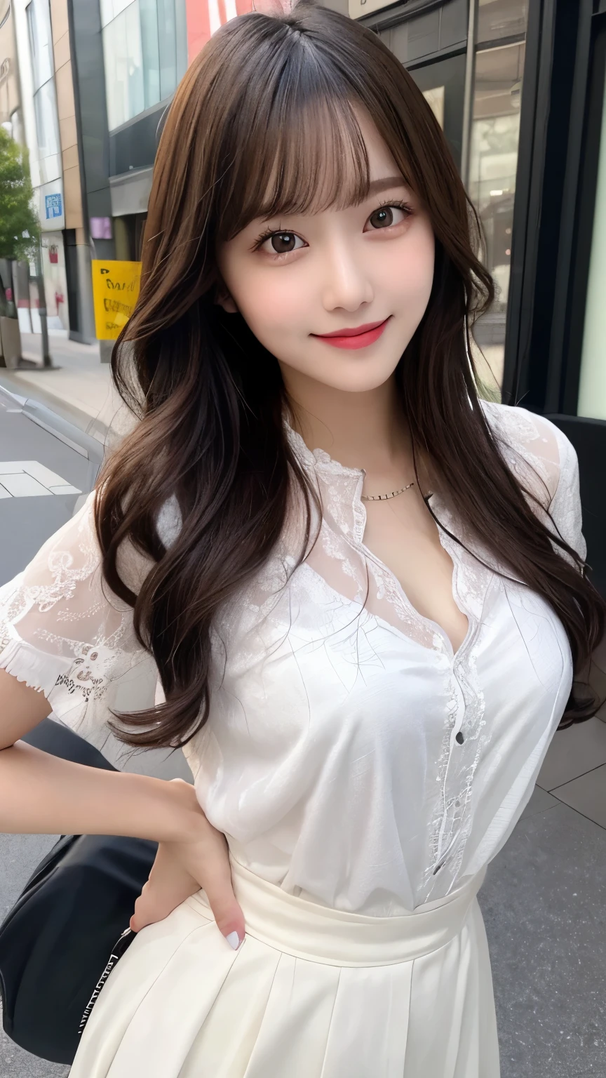 masterpiece, best quality, illustration, ultra-detailed, finely detailed, high resolution, 8K wallpaper, perfect dynamic composition, beautiful detailed eyes, summer blouse setup clothes, medium hair, small breasts, natural color lips, bold sexy poses, smile, Harajuku, 18 years old girl, cute, sexy shot, looking at camera