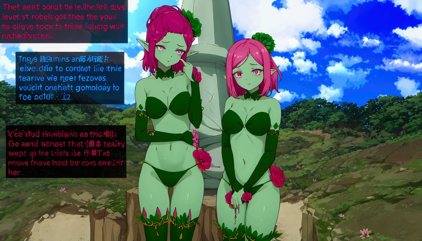 Two cartoon girls standing side by side in front of a mountain, Elf, humanoids overgrown with flowers, (((gone crazy))) Elfの王女, draped in fleshy Green and pink, 花柄の服を着たElfの少女, Green skin!!, The epic story of twin sisters, Evil Fairy, Green and pink, Non-Dual God of Spring