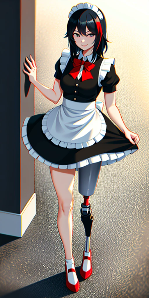 best quality, 1girl, solo, standing, outdoors,  medium hair, black hair, straight hair, looking at viewer, medium breasts,  (prosthetic leg:1.2), Ryuko, full body, smiling, (skirt:1.2), maid custom, maid uniform, black skirt, maid looking. 