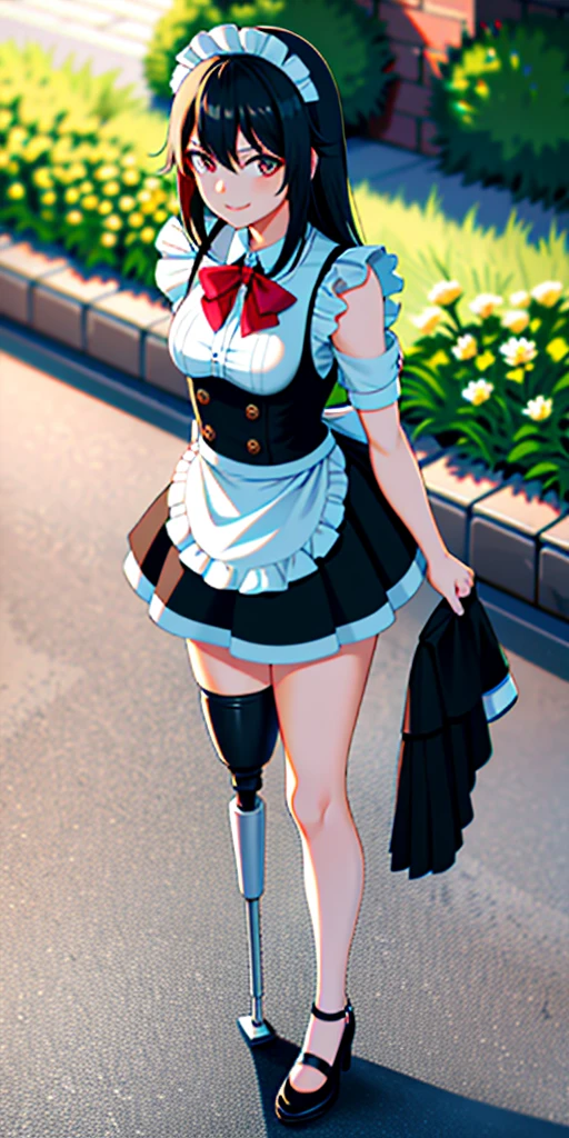 best quality, 1girl, solo, standing, outdoors,  medium hair, black hair, straight hair, looking at viewer, medium breasts,  (prosthetic leg:1.2), Ryuko, full body, smiling, (skirt:1.2), maid custom, maid uniform, black skirt, maid looking. 