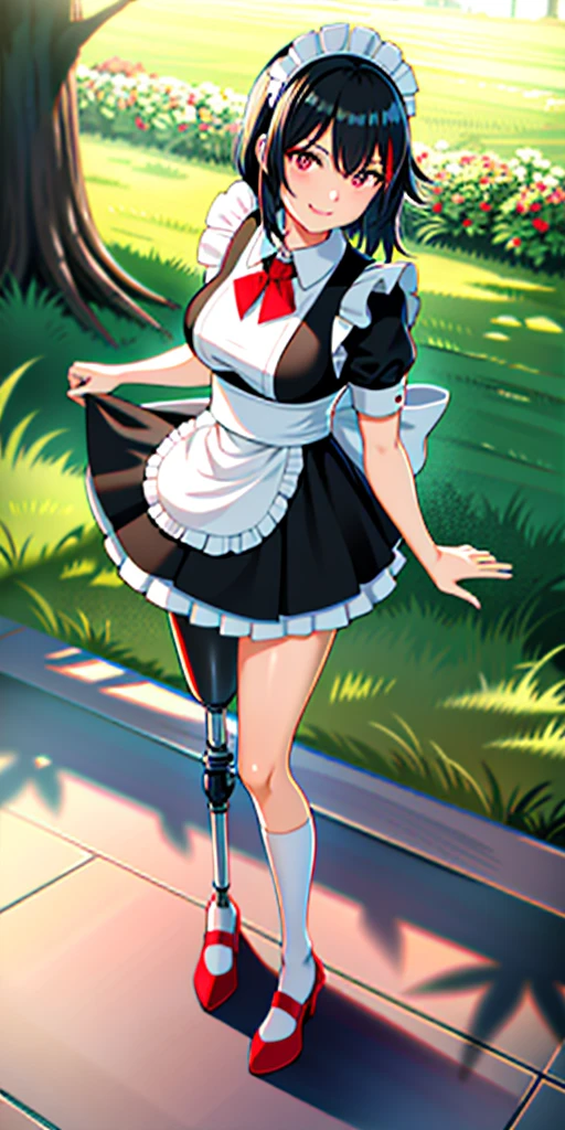 best quality, 1girl, solo, standing, outdoors,  medium hair, black hair, straight hair, looking at viewer, medium breasts,  (prosthetic leg:1.2), Ryuko, full body, smiling, (skirt:1.2), maid custom, maid uniform, black skirt, maid looking. 