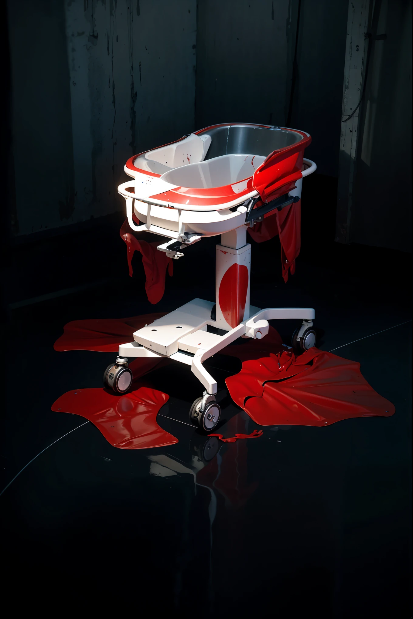 The image features a surgical or examination table, starkly white, with blood vividly splattered across its surface. The blood drips downward from the edges of the table, forming sinister pools on the reflective floor beneath. This grim scene is set in a dimly lit environment, amplifying the eerie and unsettling atmosphere. The depiction of flowing blood and accumulating puddles intensifies the sense of horror in the scene.