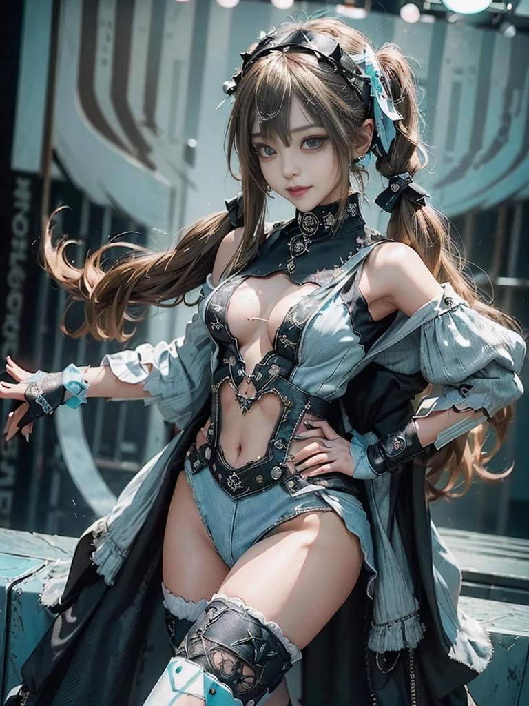 (Full Body View:1.4)、(Side view:1.2)、(Smiling with teeth showing:1.3),(Shibuya Gal:1.5)、(Gothic ta style fashion:1.5)、(Punk RockVisual Kei:1.5)、(Wearing a rhythmic gymnastics bodysuit with intricate details:1.4)、(Cloak de cour with delicate decorations in white, denim and turquoise:1.5)、(Denim with turquoise and white boots:1.3)、((belt))、(Numerous delicate logo marks all over the costume:1.4)、(collar:1.3)、(Striped underwear:1.5)、30 years old、NSFW、((Highest quality、In 8K、masterpiece:1.3))、Sharp focus:1.2、(Layered Cut、Beautiful boobs:1.1),Beautiful woman with perfect figure:1.4、(Sexy Gravure Pose:1.3)、Slender Abs:1.2、Highly detailed face and skin texture、Detailed eyes、double eyelid,(Twin tails:1.3)、(Brown-golden hair:1.3)、Gravure idol、(The background is the stage of the fashion show:1.3)、(Slim body:1.3),(Make your legs thinner:1.4),(clavicle:1.1)、(Thin thighs:1.2)