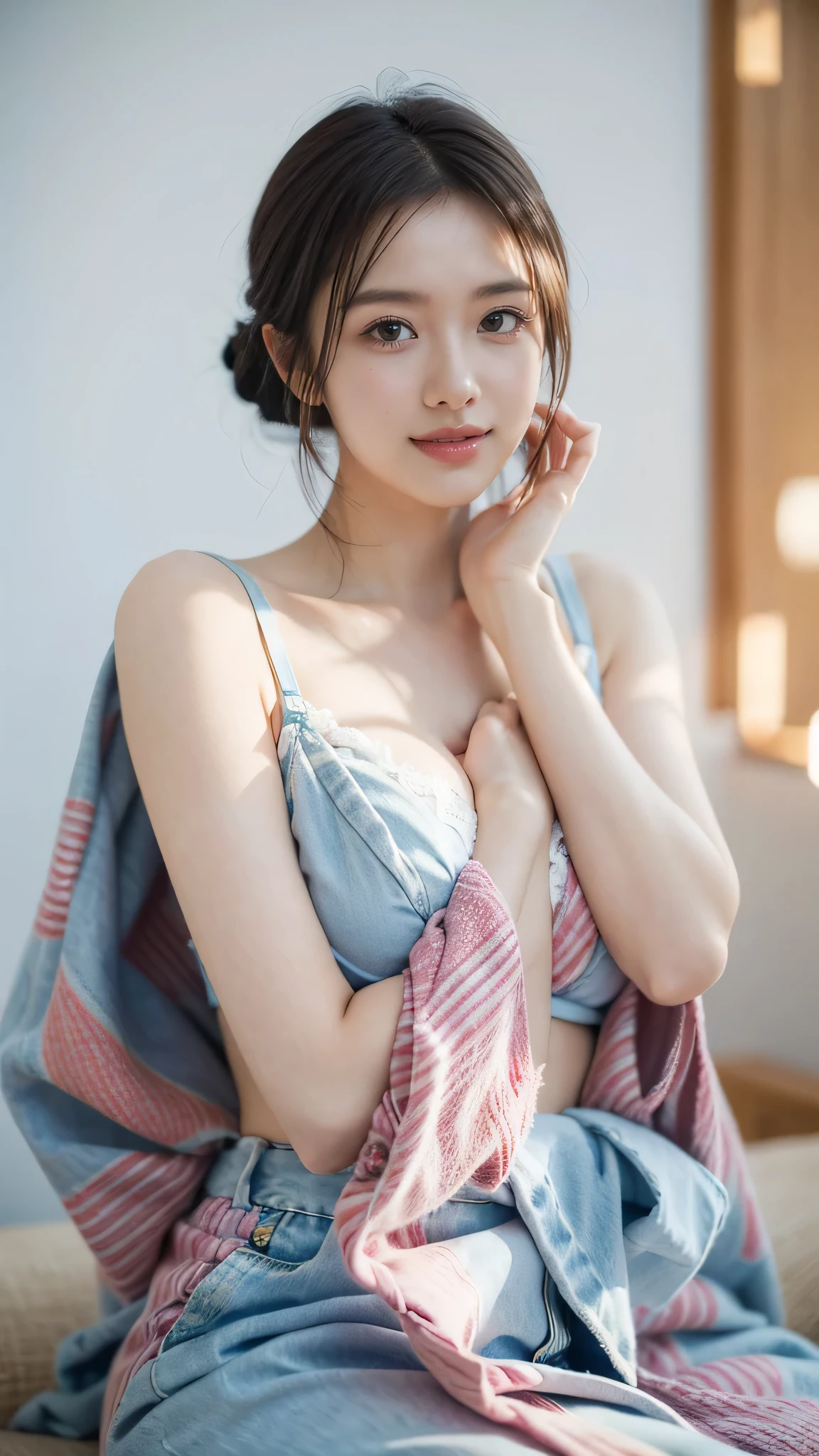 (8k, Raw, Top Quality, Masterpiece: 1.2), (Realistic, Photorealistic: 1.37), Ultra High Resolution, One Girl, Cute, Alone, View Alone, Top Quality, Masterpiece, 8k, droopy eyes, , beautiful breasts, plkground, showing breasts, white bra blue yukata, smiling, highly detailed face, highly detailed lips, double double eyelids, elaborate details and subtle sparkle, shoot her in a pose that reflects both elegance and confidence, enhance the visual effect with cinematic lighting. Use modern 2D design for the background, creating a beautiful, balanced composition. Enhance the scene with elements such as depth of field, bloom effects, and a touch of sparkle, adding a dreamy texture to the overall image. Pay close attention to detail