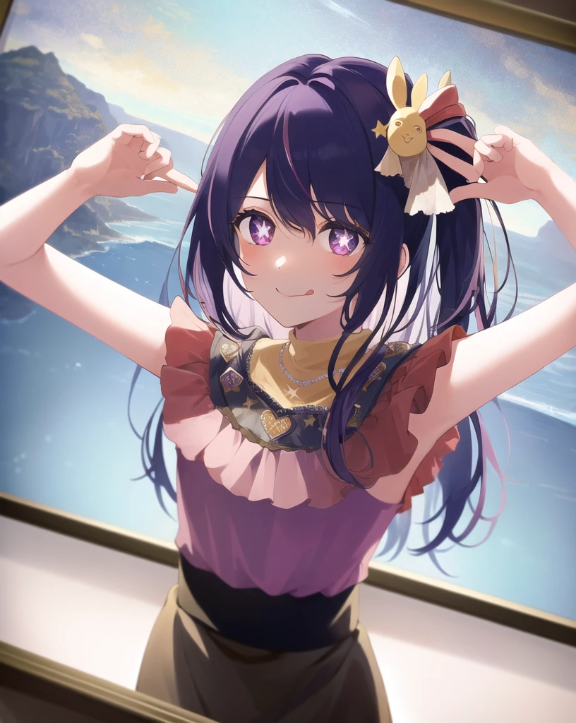 1girl, full body, cowboy shot,
(Rembrandt), illustration, (masterpiece), (best quality), (ultra_detailed), finely detail, (Depth of field),
HshinoAi,gloves, tongue out, tongue, long hair, star \(symbol\), looking at viewer, (purple hair:1.2), purple eyes, upper body, hair ornament, :p, frills, pink shirt, smile, sleeveless, shirt, idol, symbol-shaped pupils, hands up, bangs, one side up, star-shaped pupils, arms up,
dress pull,
Roaring Twenties, isometric, from above, sky, flower, cliff,