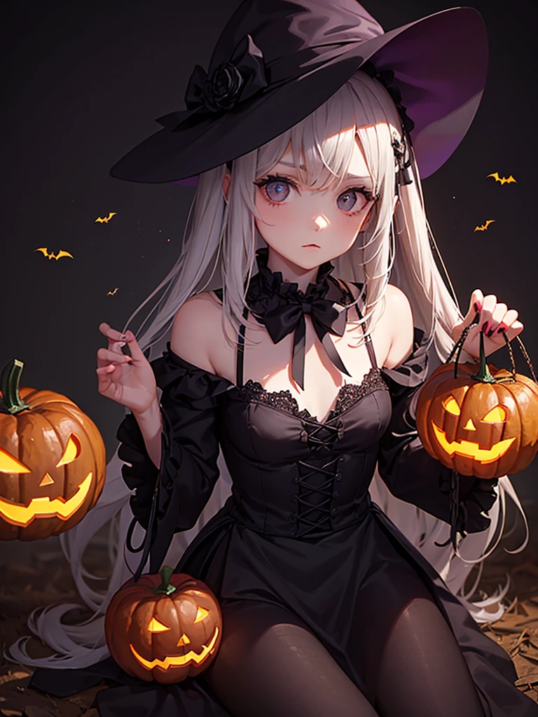 1 girl, Spooky and mysterious, embodying Halloween, with pumpkins, bats, and dark, eerie colors.