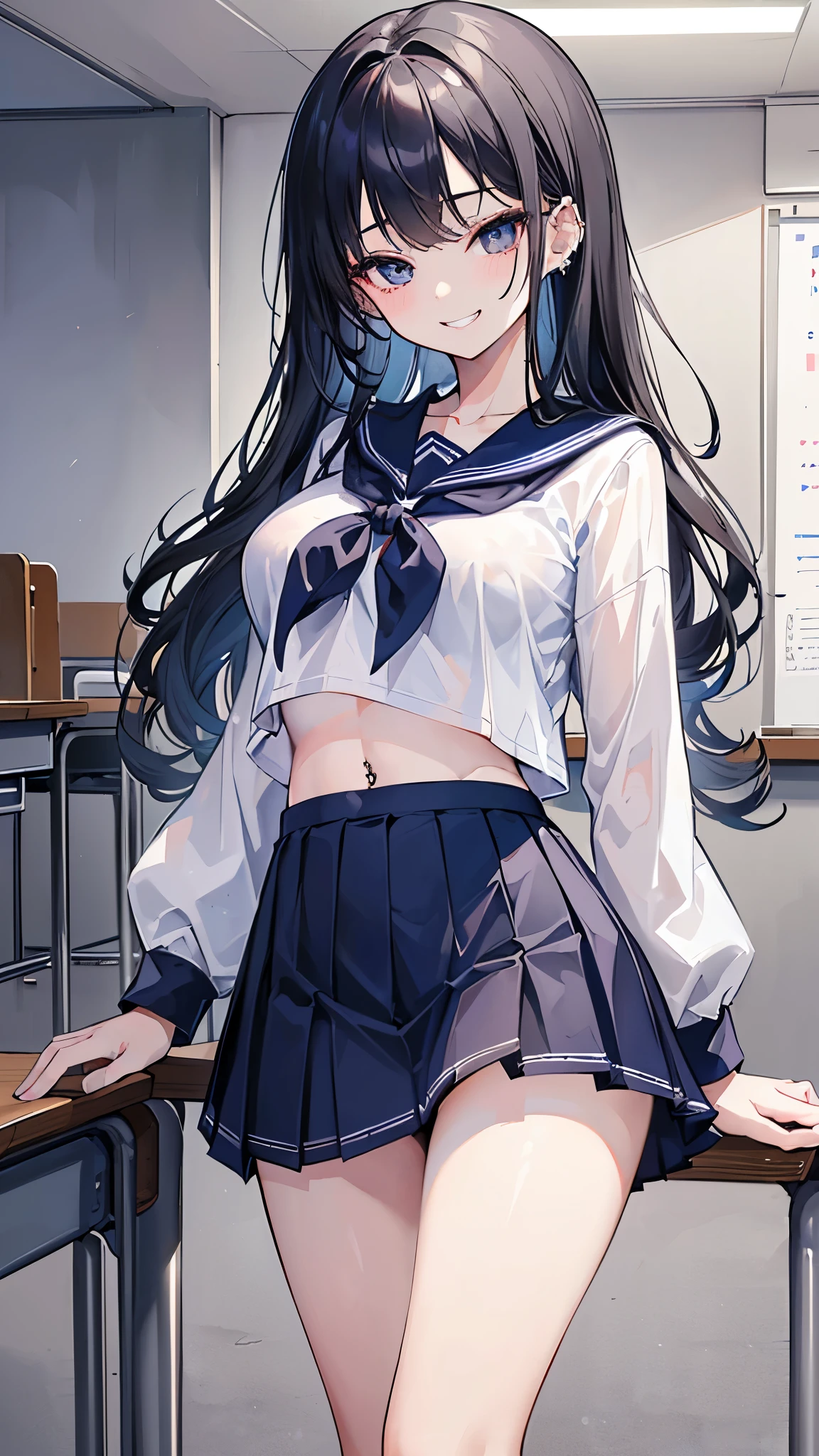 (masterpiece、Highest quality、Very detailed))、One girl、Black Hair、Medium、Wavy Hair、Grey Eyes、Sharp Eyes、((lots of piercing))、((Grin))、((Large Breasts))、((serafuku))、((Long sleeve))、belly button、((Navy blue pleated skirt))、((Miniskirt))、Cowboy Shot、Classroom Background