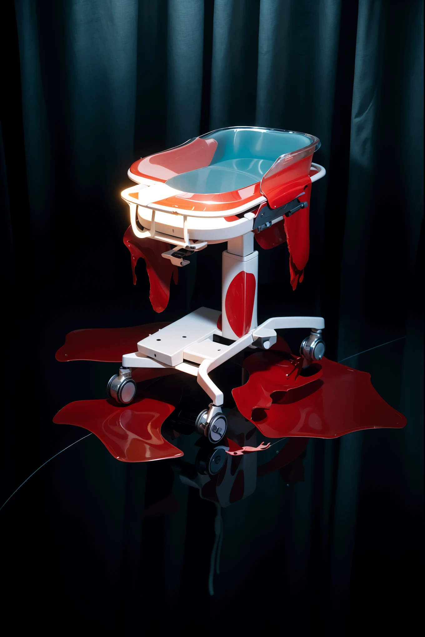 The image presents a haunting and dramatic scene set in a dimly lit, possibly medical environment. At the center is a surgical or examination table, starkly white, splattered with vibrant red blood, which is dripping onto the floor, forming pools of various sizes. The reflection on the shiny floor enhances the ominous atmosphere, adding a chilling effect. The curtains in the background are drawn, adding to the sense of isolation and secrecy. The setting, combined with the blood and dark tones, creates a visceral sense of unease, evoking themes of horror or a crime scene.accentuated by the minimalist design and the chilling orderliness of the environment. The scene conveys a sense of quiet solitude typical of such places, where the stillness is palpable and profound.The overall composition of the image is both eye-catching and charming, effectively conveying a sense of joy and creativity.ffects render, (glossy plastic texture with multiple big light probe refractions), perfect cgi, smooth silhouette, high intensity refraction, (super glossy plastic material), most beautiful vfx, , realistic, 4k, high resolution, rim light, smooth 3d model, multiple light sources, rim light, sharp post effects render,, realistic, 4k, high resolution, rim light detailed digital art, reflective, best quality, 4k, masterpiece:1.2, ultra-detailed, realistic, vivid colors, The image of the highest quality, ensuring every detail showcased perfectly. It in 4k resolution, allowing viewers to immerse themselves in the richness of the colors and intricate details. The realistic rendering. under the spotlight, reflecting, high-resolution image, realistic rendering