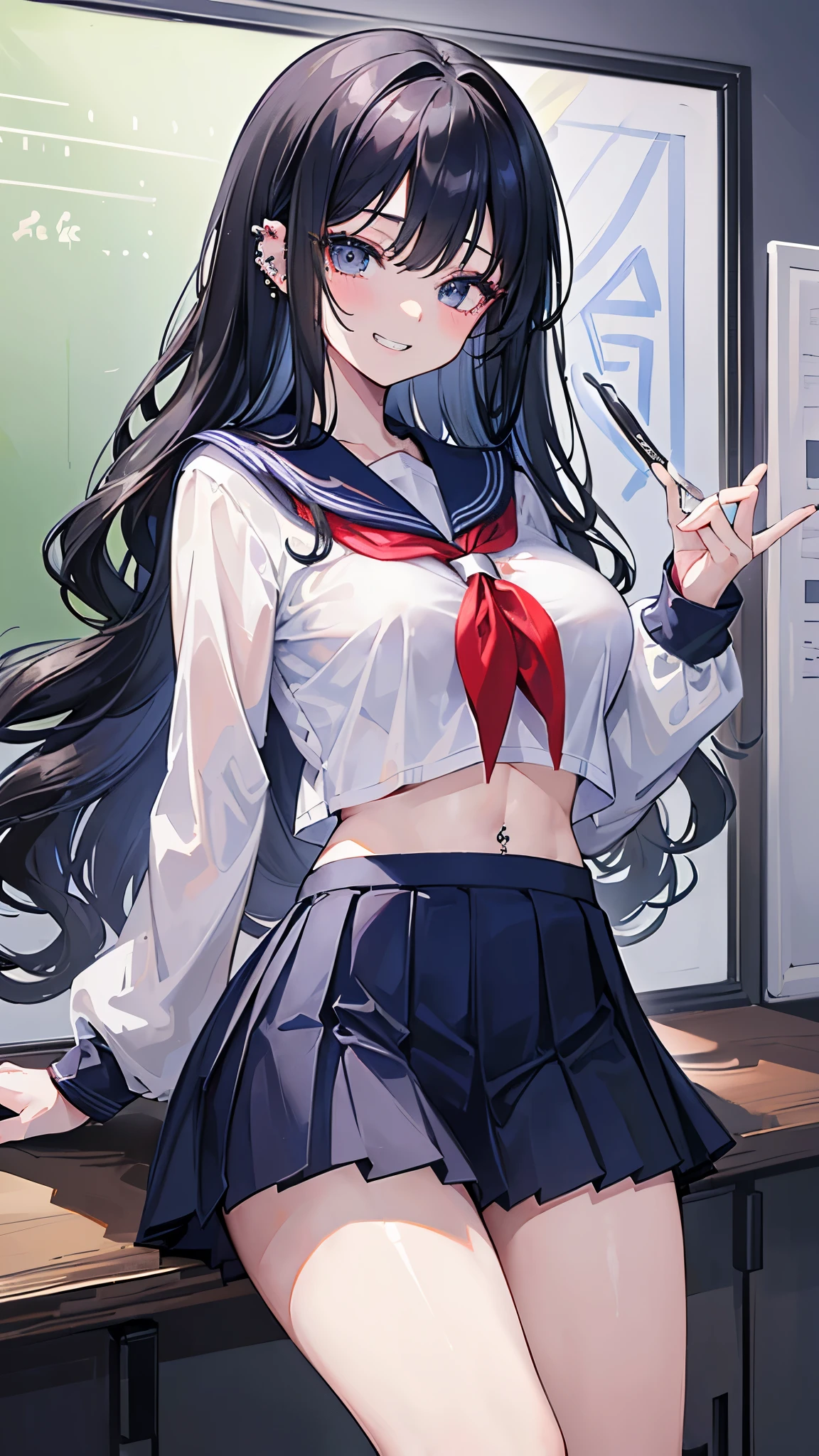 (masterpiece、Highest quality、Very detailed))、One girl、Black Hair、semi-long、Wavy Hair、Grey Eyes、Sharp Eyes、((lots of piercing))、((Grin))、((Large Breasts))、((serafuku))、((Long sleeve))、belly button、((Navy blue pleated skirt))、((Miniskirt))、Cowboy Shot、Classroom Background