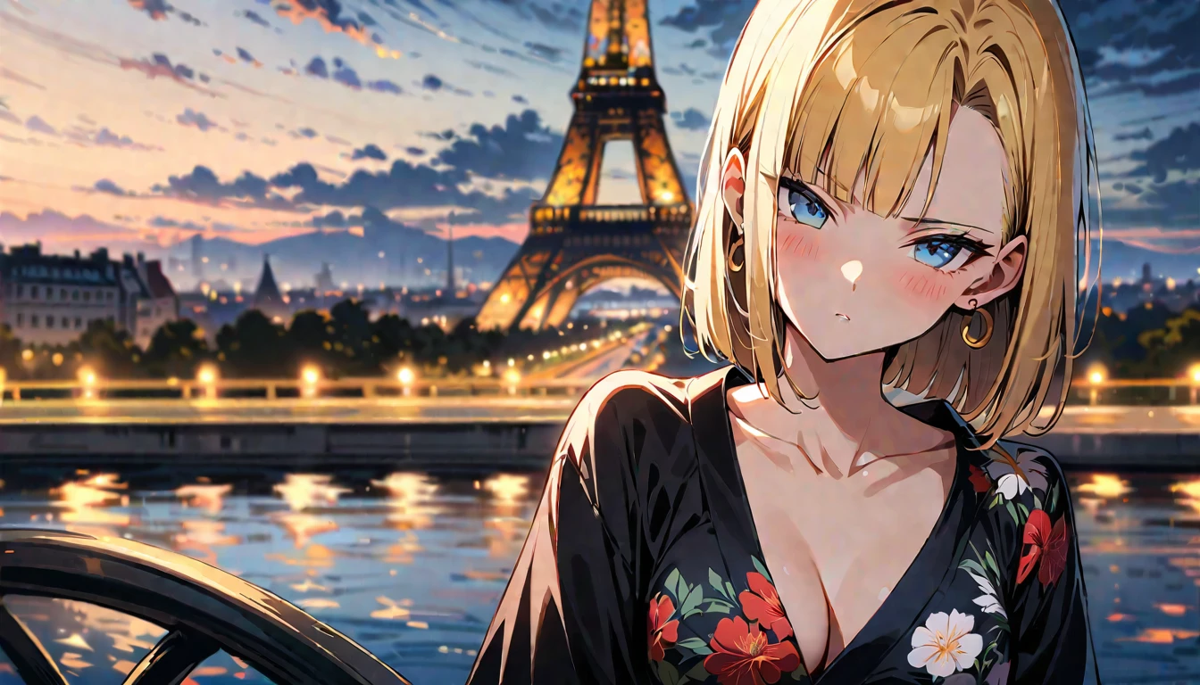 (masterpiece, best quality:1.2),1girl, (solo), Android 18 from Dragon Ball, ((floral print black bikini)), medium breasts, blunt bangs, blonde short hair, black eyes, earrings on earlobes, slim, slender feminine figure, skinny body, blush, magnificent view, blur background, 8K, the Eiffel Tower, collarbone, riverside, sky, sunny, smile,