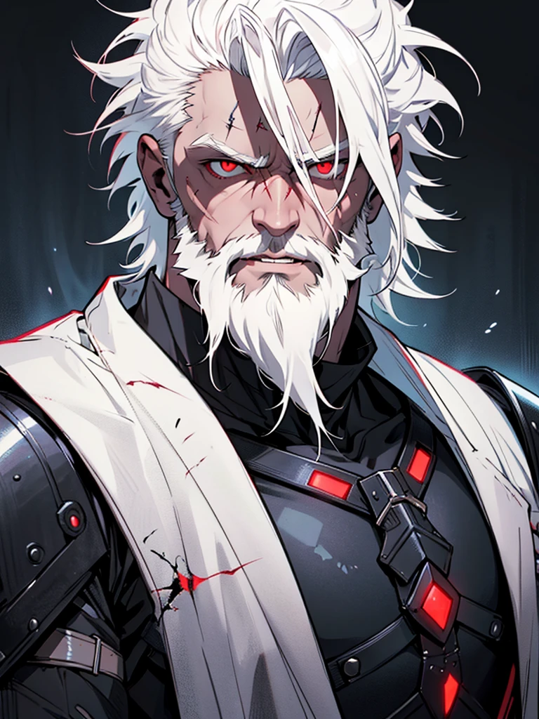 Sturdy body man wearing black light armor, short and unruly albino hair, with a small white beard that runs along the jaw. Calm look with red eyes and a scar on his left cheek that crosses his left eye.