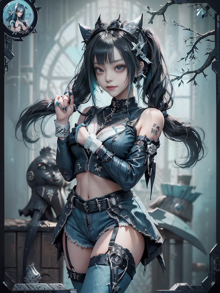 (Full body view:1.4)、(Full Body View:1.4)、(Side view:1.1)、(Smiling with teeth showing:1.3),(Shibuya Gal:1.5)、(Maid café clerk:1.5)、(Punk RockVisual Kei:1.4)、(Turquoise, navy and denim medieval noble zip up:1.5)、(Navy and white arm covers and bugle pants:1.5)、(Blue high heels:1.3)、(Wearing silver accessories:1.5)、(Dark brown collar:1.4)、(Leather garter belt:1.4)、(Brown Skin Belt:1.3)、(Black lace underwear:1.5)、20-year-old、NSFW、((Highest quality、In 8K、masterpiece:1.3))、Sharp focus:1.2、(Layered Cut、Huge boobs:1.1),Beautiful woman with perfect figure:1.4、(Doing an aerobics pose:1.3)、Slender Abs:1.2、Highly detailed face and skin texture、Detailed eyes、double eyelid,(Twin tails:1.3)、(Black Hair:1.3)、Gravure idol、(A fairytale-like cafe with a lush tree background:1.3)、(Slim body:1.3),(Make your legs thinner:1.4),(Thin, thin thighs:1.3)、(clavicle:1.1)