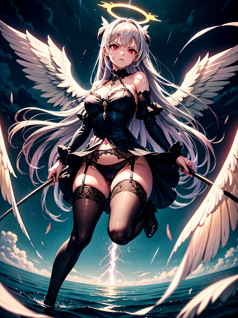 Highest quality,Highest Resolution,Beautiful girl with angry face in gothic ta leotard,Frills,High leg,(((Floating in the air))),Halo,Night Sky,Severe lightning strike,Thick Lightning,Very beautiful red eyes,rain,(((Black angel wings on the back))),whole body,front,Purple long hair,In hand1with two big spears,Knee-high stockings,garter belt,Floating in the air,darkness,