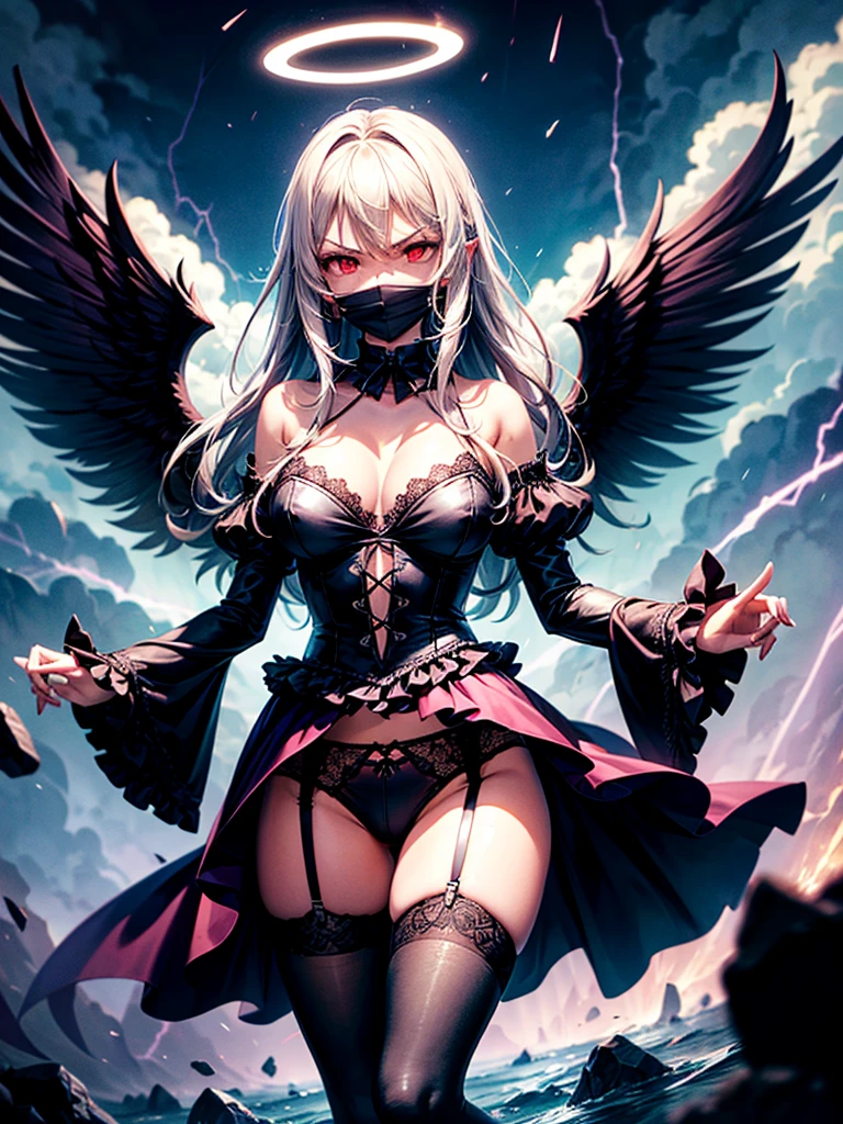 Highest quality,Highest Resolution,Beautiful girl with angry face in gothic ta leotard,Frills,High leg,(((Floating in the air))),Halo,Night Sky,Severe lightning strike,Thick Lightning,Very beautiful red eyes,rain,(((Black angel wings on the back))),whole body,front,Purple long hair,In hand1with two big spears,Knee-high stockings,garter belt,Floating in the air,darkness,