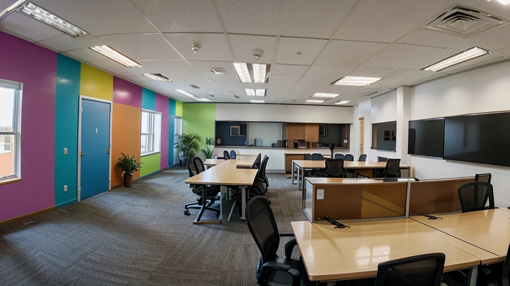 Panoramic photo of the interior of an office, include color wall #03BFC0 with triptych decorative paintings that illustrate a desert landscape in terracotta colors, On the right side there is a window with curtains drawn through it you can see a city with daylight, In the corner opposite the window there is a medium-sized pot color 025158 with red flowers, the floor is colored carpet #025158