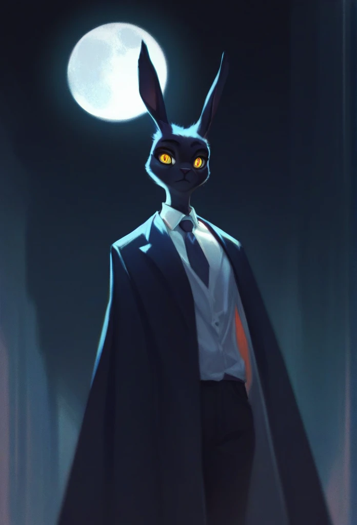 black furry bunny standing under the moonlight wearing a suit and has glowing yellow eyes face half white and half black, dark background, high detail, no light, woods landscape in the middle of the night, mistic, full moon, moonlight, (flat shading:1.2), (minimalist:1.4)