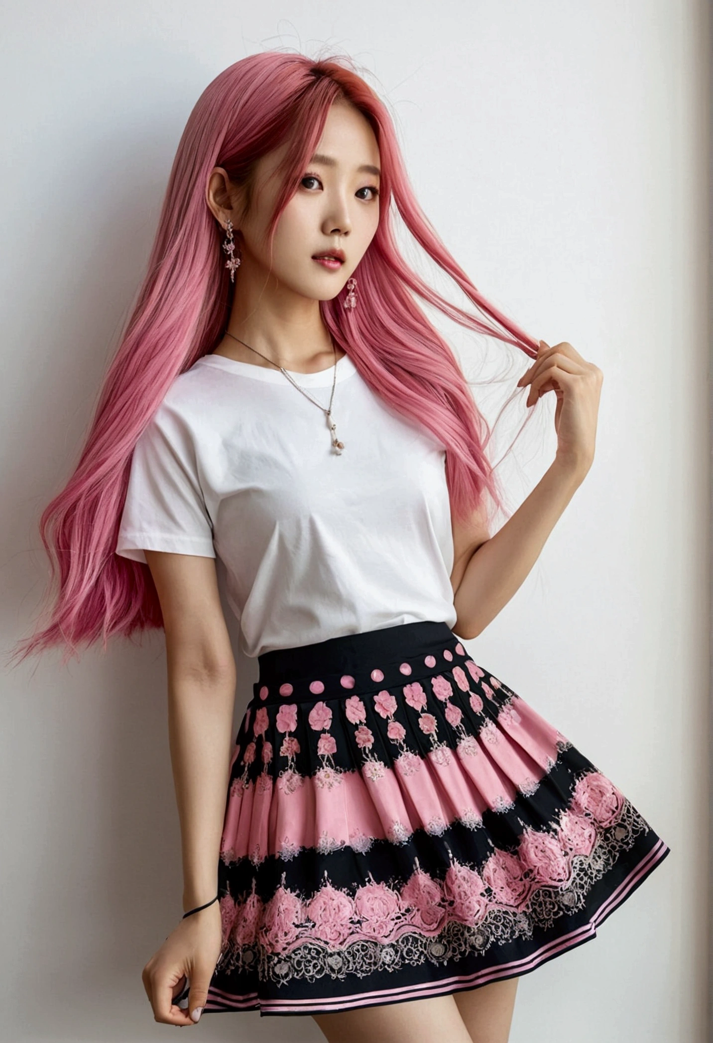 Korean woman, with long dyed pink hair, wearing a skirt short