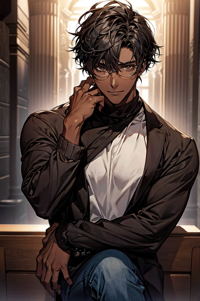 1male, black hair, dark skinned man, very dark skin, brown eyes, black hair, textured chair, muscular body, casual clothes, casual pose, glasses, mature face, ikemen, smile, detailed background, 4k, high resolution, rim lighting