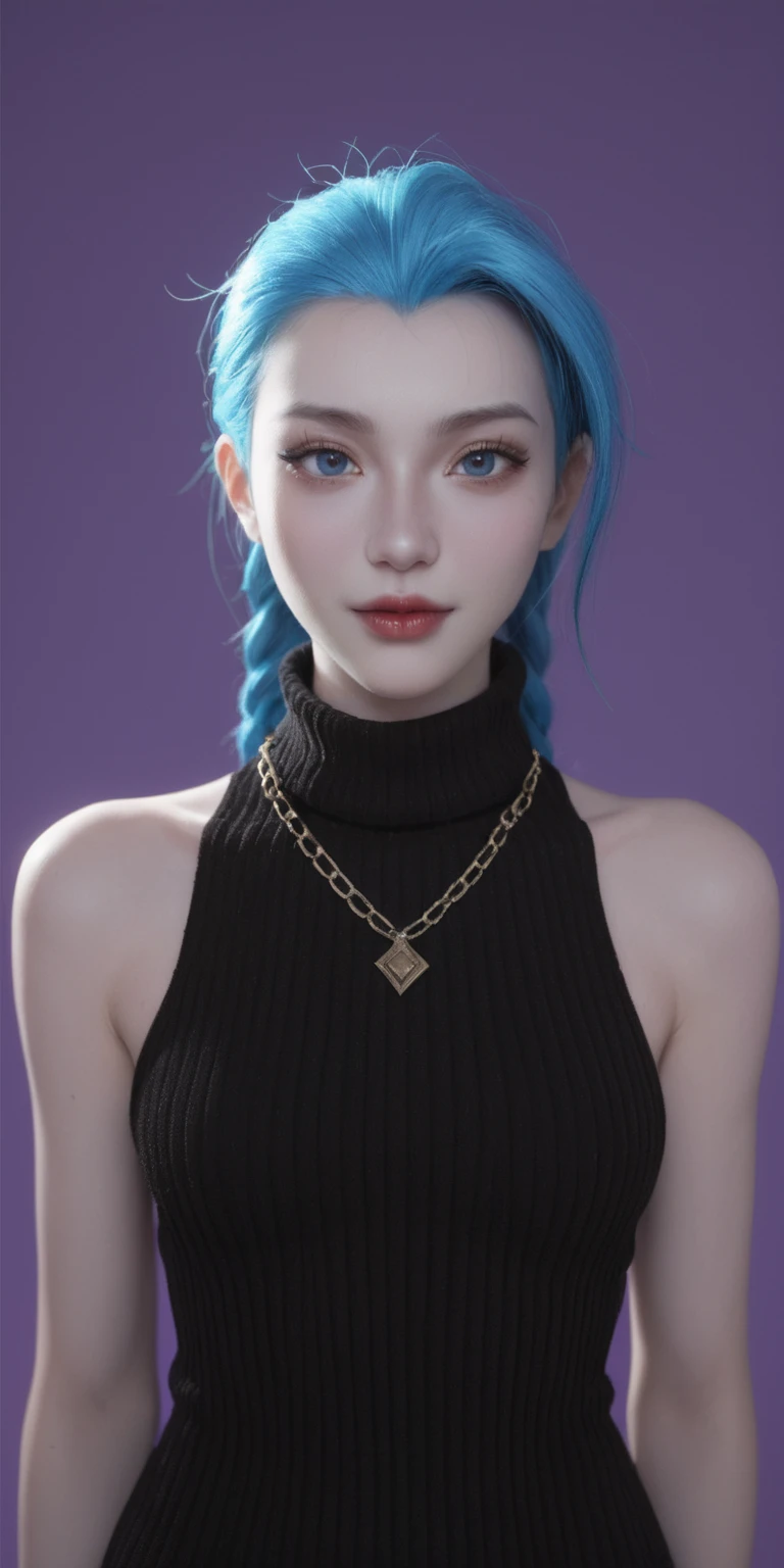 score_9, score_8_up, score_7_up, score_6_up, 
 1girl, solo,cowboy_shot, jinx \(league of legends\),  looking at viewer, purple background, sidelighting, backlighting, turtleneck sweater, 3d, realistic, sleeveless, necklace, makeup, glowing,