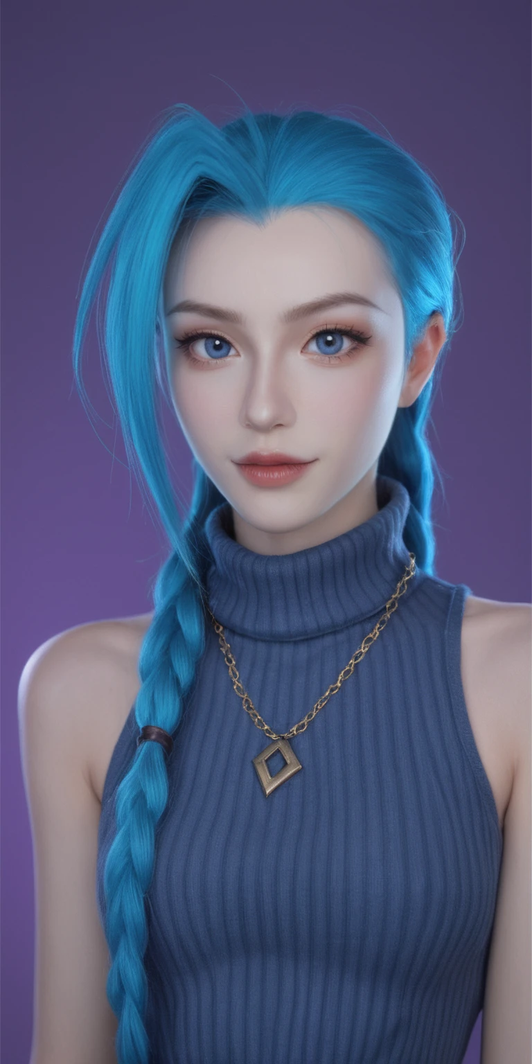 score_9, score_8_up, score_7_up, score_6_up,
1girl, solo,cowboy_shot, jinx \(league of legends\), looking at viewer, purple background, sidelighting, backlighting, turtleneck sweater, 3d, realistic, sleeveless, necklace, makeup, glowing,