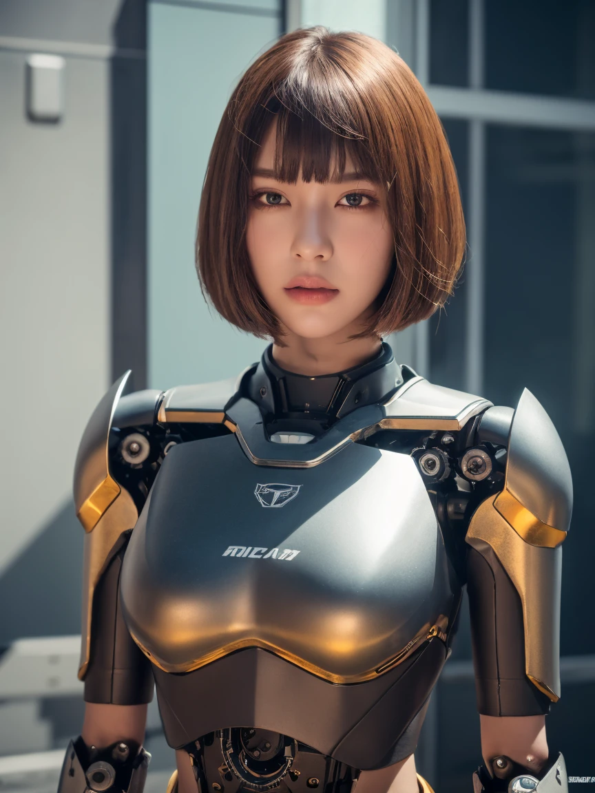 (masterpiece:1.2,high quality), One girl, ((Ultra-Realistic Details)), Global Illumination, Shadow, Absurd, Octane Rendering, 8K, Ultra Sharp, Metal, Complex, Decorations detailed, highly Complex details, Yellow Eyes, (Mechanical body:1.3), ((A clean and pretty face)), (Costume torn), (Chest Reveal)、Equipment, Bobcut, (robot, Android:1.15), Broken Building、Girl Warrior