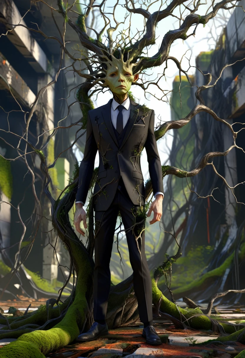 Bioengineered human-tree hybrid,look at viewer,Tangled branches for hair,bark surface,tree face,bark face,สวมใส่ชุดBlack suit,ชุดBlack suit,Black suit,leaves spring from the body,Standing in the desolate ruins,There is moss and vines.,ultra realistic,high resolution,depth of field,about beauty,Product introduction images,wear a suit,Tall figure,Big one