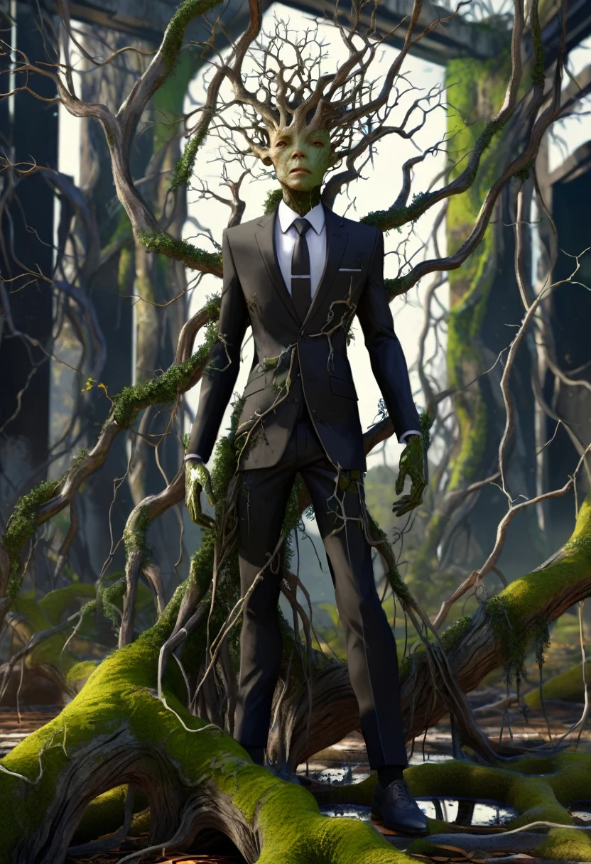 Bioengineered human-tree hybrid,look at viewer,Tangled branches for hair,bark surface,tree face,bark face,สวมใส่ชุดBlack suit,ชุดBlack suit,Black suit,leaves spring from the body,Standing in the desolate ruins,There is moss and vines.,ultra realistic,high resolution,depth of field,about beauty,Product introduction images,wear a suit,Tall figure,Big one
