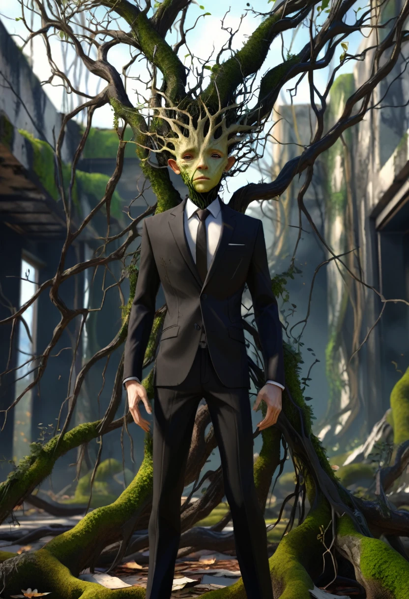 Bioengineered human-tree hybrid,look at viewer,Tangled branches for hair,bark surface,tree face,bark face,สวมใส่ชุดBlack suit,ชุดBlack suit,Black suit,leaves spring from the body,Standing in the desolate ruins,There is moss and vines.,ultra realistic,high resolution,depth of field,about beauty,Product introduction images,wear a suit,Tall figure,Big one