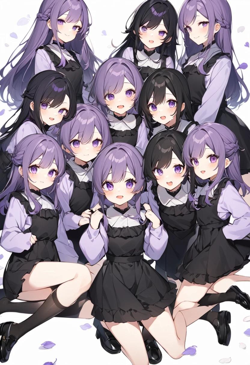 Keito。Purple hoodie。Black Skirt。Purple Eyes。Black Hair。Black shoes下。Black shoes。6 sistery eldest daughter has lavender hair.。all female。Sextuplets