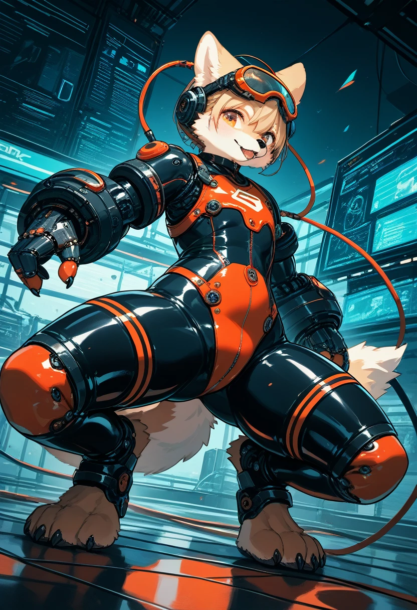 Highest quality, Highest quality, High quality illustrations, masterpiece, Ultra-high resolution, Detailed Background, cyber-, Absurd, Perfect Anatomy, performance, Good lighting, Shadows in the movies(kemono, Furry Personifi猫ion), Rubber suit, latex, neon, neonライト, neonカラー, Mech Suit, Mechanical Body, juvenile