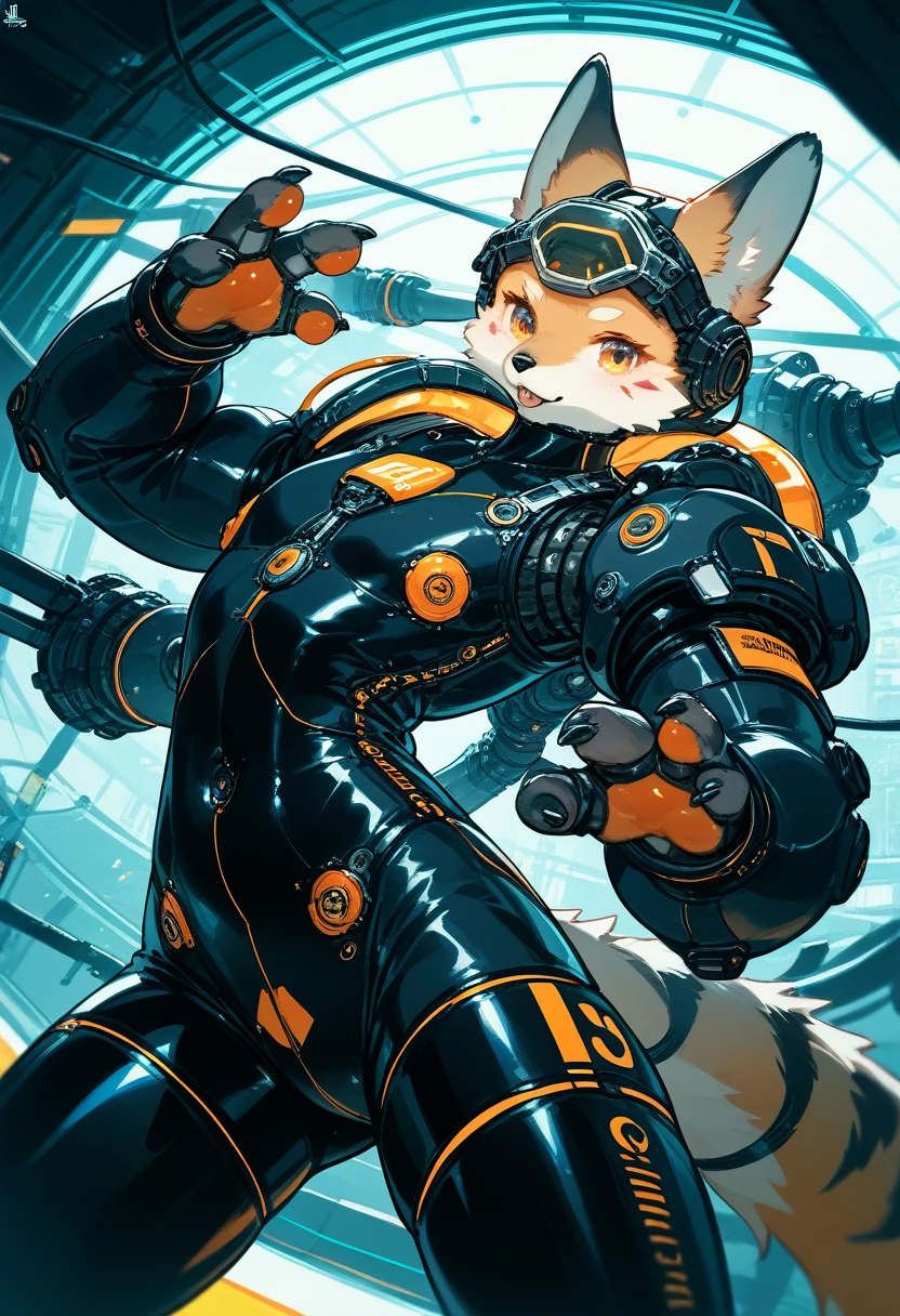 Highest quality, Highest quality, High quality illustrations, masterpiece, Ultra-high resolution, Detailed Background, cyber-, Absurd, Perfect Anatomy, performance, Good lighting, Shadows in the movies(kemono, Furry Personifi猫ion), Rubber suit, latex, neon, neonライト, neonカラー, Mech Suit, Bodysuits