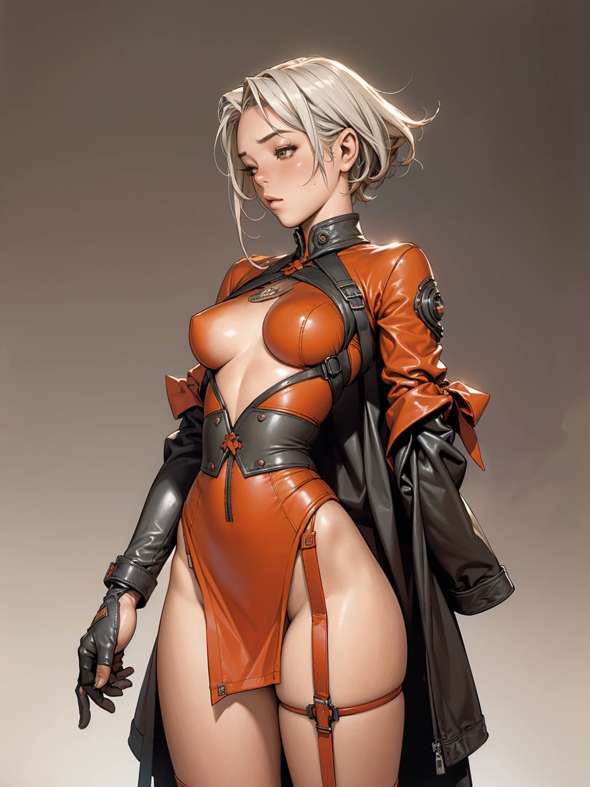 (((short red dress with vertical seams all closed))), (((long ribbon-garter))), ((( hot suit ))), (((bandaged arm))), ((high collar)), (((dynamic pose))), (((best qualityer: 1.4))), (Unbeatable masterpiece), (hiper HD),(CG 8k hyper-realistic), (((brave face))), (((medium breasts))), (((hyper feminine))), sexly girl, ((short gradient hair)), ((( sculptural body ))), (((1 girl))), garota descolada de 17 yr old com perfectbody, Beautiful and well-groomed face, muscular body:1.2,gradient color detailed jacket, (Head to thigh photos), (((dinamic view))), Complex equipment, leather dress, (((standing alone))), pirralha violent, (((17 yr old))), sexly, pose de atitude, work of art, post-apocalypse, (((manga style))), bounty hunter, violent, Manic, the way you want, slenderbody, thin but strong, perfectbody, sleeves with vertical striped pattern, background with vintage engravings, (( 正面, coasts, boku )). intricate visual