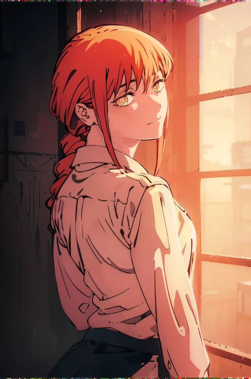 illustrations with striking red, red is emphasized, sunset, The viewer's eye is drawn to the woman's red hair. the light of the sunset shining through the window, anime girl, Makima, this woman has a wonderful, soft appearance and a calm, soft and gentle smile, but there is a hidden intention behind it. The background should be subtle and moody, enhancing the emotional atmosphere without distracting from the characters. super high quality, HDRI, beautiful and fantastically designed, beautiful and fantastic scenery, in detail