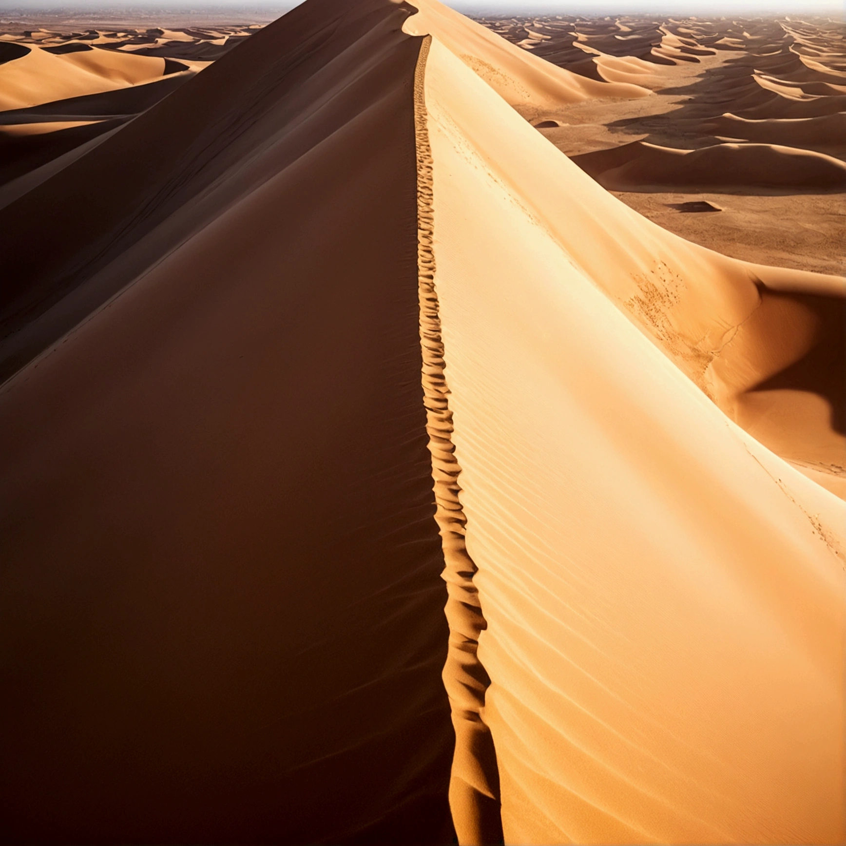 Aerial view of the sand crest of the vast desert with no end in sight、Look down from above、highly detailed background,realisitic,ultra detali,super detailed skin,shine of light,Film grain,According to II,Lens flare,Spitz,cinematic shadow