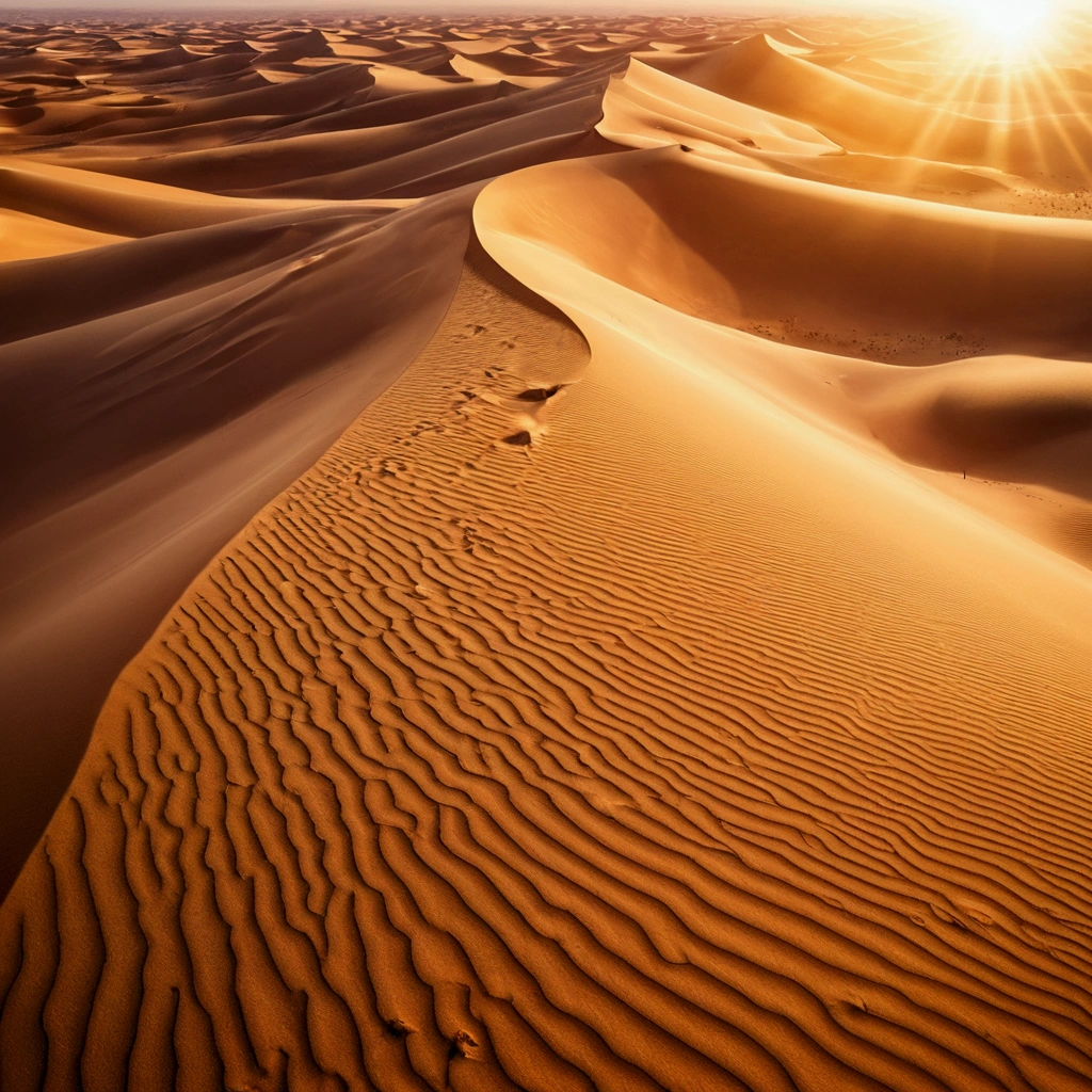 Aerial view of the sand crest of the vast desert with no end in sight、Look down from above、highly detailed background,realisitic,ultra detali,super detailed skin,shine of light,Film grain,According to II,Lens flare,Spitz,cinematic shadow