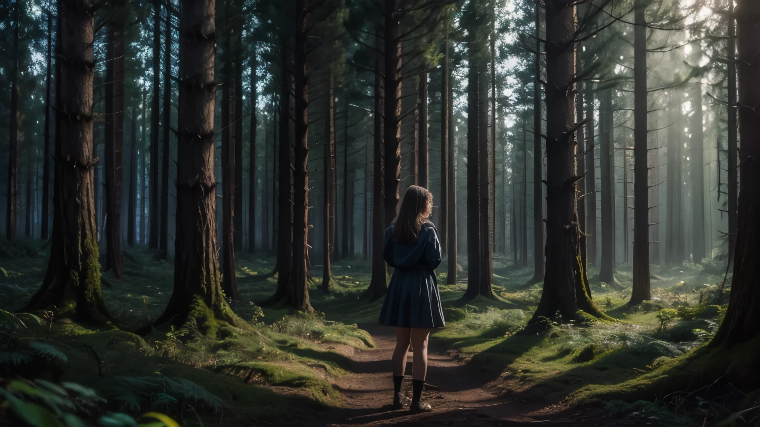 (Better image quality) a girl in a dark forest.
