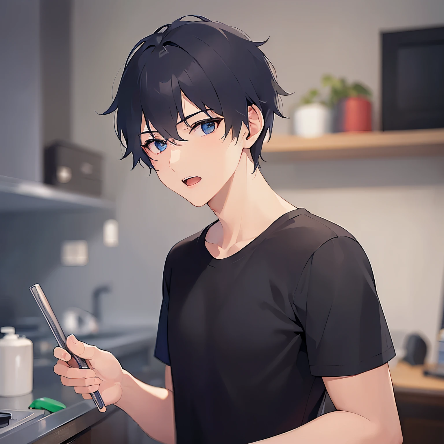(25-year-old male:1.5) and (Black short hair) and (blue eyes)
(black) and (T-Shirts)、looking back,upper body,
shiny skin, masterpiece、Highest quality、
The background is the kitchen at night、wide-eyed、open mouth、(alone:1.5)