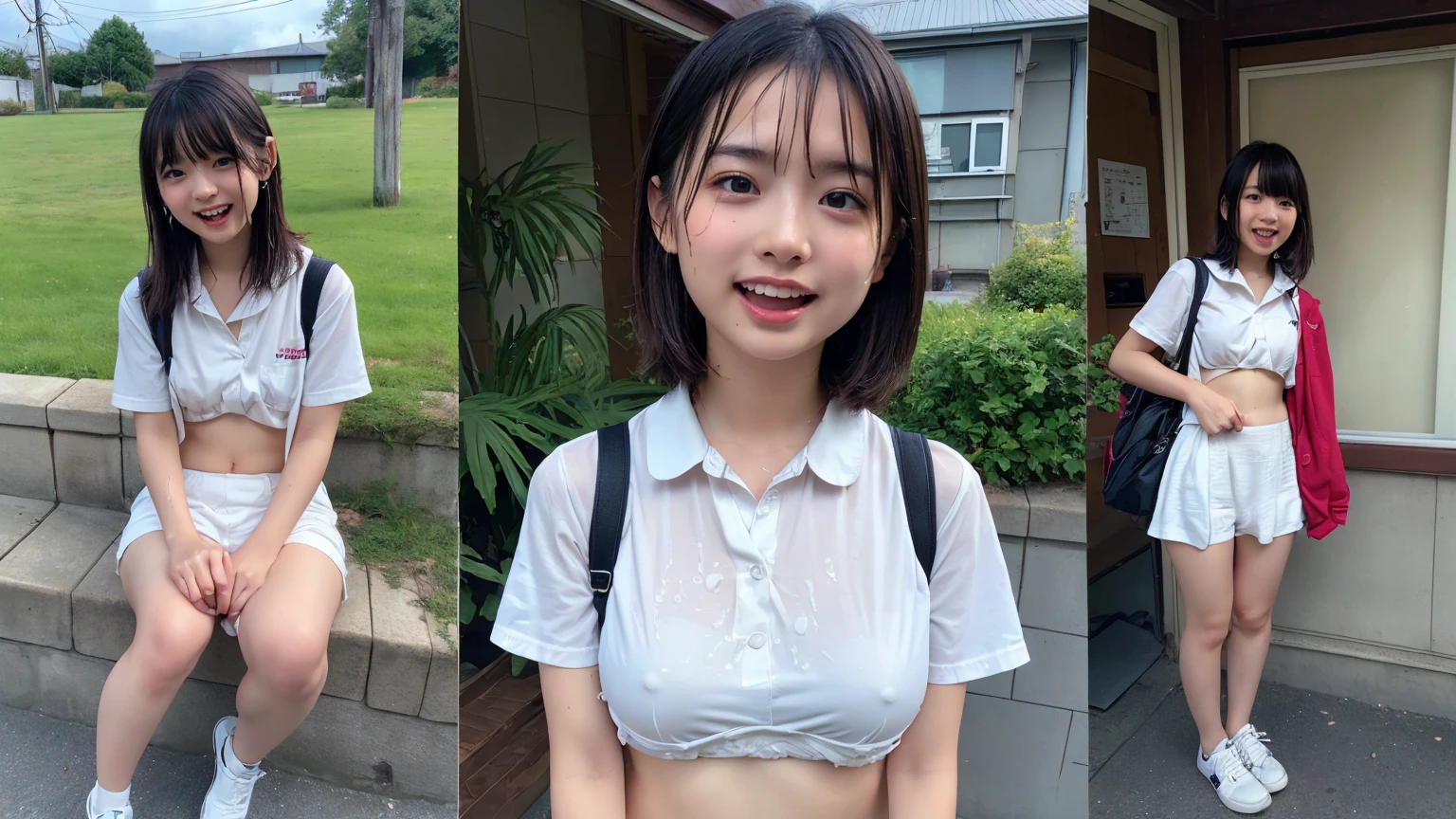 (2Split Photo:1.3)、Magazine Cover:1.3、Japanese,,Innocent face,Teenage Girlrimary school stud school,uniform,Carryingmer clothes,Sitting、front、Cute smile、Laugh with your mouth wide open、((Semen dripping from the mouth:1.2))、Mouth full of semen:1.5、A lot of semen on the tongue、((Cloudy, thick semen))、whole body、Full Body、Semen dripping from the genitals、You can see the nipples、Not wearing a bra
