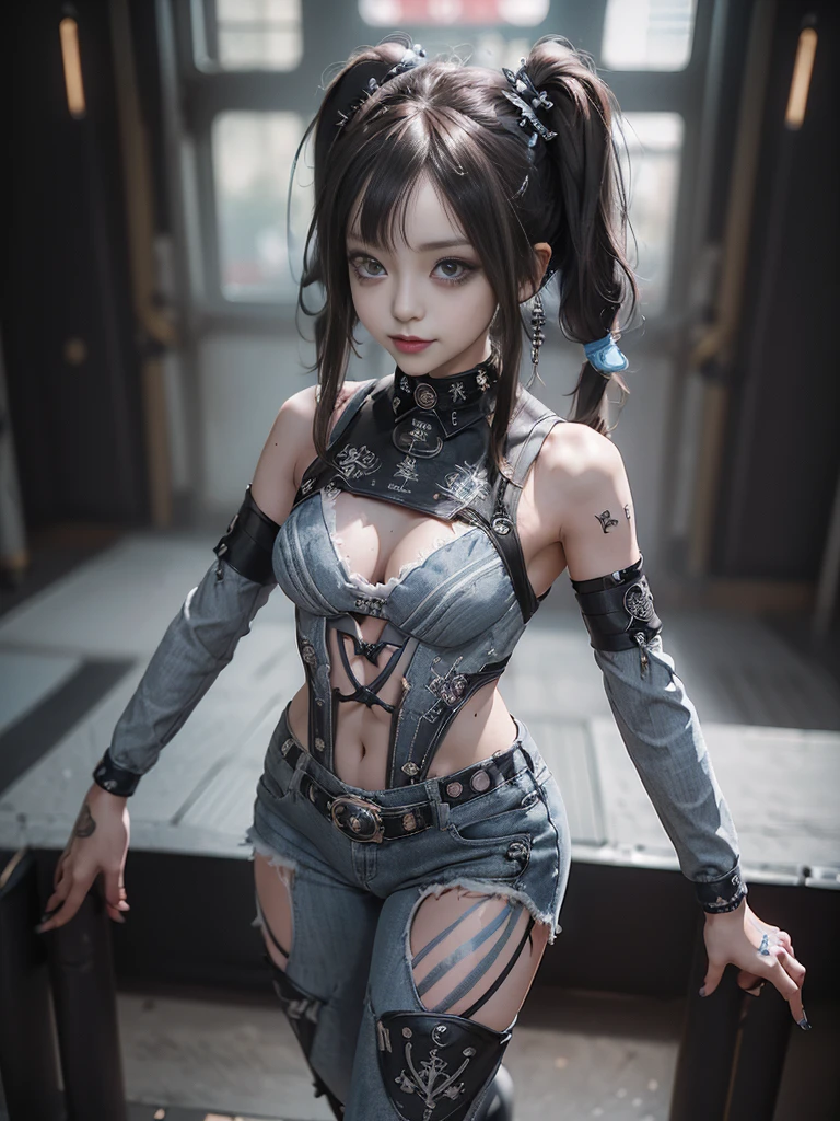 (Full body view:1.4)、(Side view:1.1)、(Smiling with teeth showing:1.3),(Shibuya Gal:1.5)、(Gothic ta style fashion:1.5)、(Punk RockVisual Kei:1.5)、(Wearing a rhythmic gymnastics bodysuit with intricate details:1.4)、(Racing suit and pants with intricate decorations in white, denim and charcoal:1.5)、(Denim and light blue and white boots:1.3)、((belt))、(Numerous delicate logo marks all over the costume:1.4)、(collar:1.3)、(Striped underwear:1.5)、20-year-old、NSFW、((Highest quality、In 8K、masterpiece:1.3))、Sharp focus:1.2、(Layered Cut、Huge boobs:1.1),Beautiful woman with perfect figure:1.4、(Dancing vigorously:1.3)、Slender Abs:1.2、Highly detailed face and skin texture、Detailed eyes、double eyelid,(Twin tails:1.3)、(Brown Hair:1.3)、Gravure idol、(The background is the stage of the fashion show:1.3)、(Slim body:1.3),(Make your legs thinner:1.4),(clavicle:1.1)、(Thin and slim thighs:1.3)