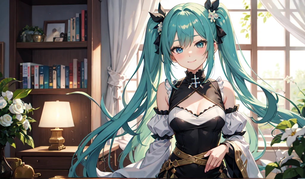 Create a high-quality anime image of a beautiful female character with long, flowing aqua green hair in twin tails and adorned with white flowers. She has large, sparkling blue eyes and a gentle smile with a slight blush on her cheeks. The character wears a stylish black outfit with intricate details, including black ruffled sleeves and a cross-strap design on the back. A pink ribbon and a golden heart accentuate her waist. She is looking towards you and winking.
The setting is a bright, cozy room with sunlight streaming in from the ceiling giving the character a warm glow. The background includes a small bookshelf, green plants, and other elements that contribute to a calm, inviting atmosphere.
The overall atmosphere of the image should be bright and a little flirty, highlighting the character's charm and attractive personality.