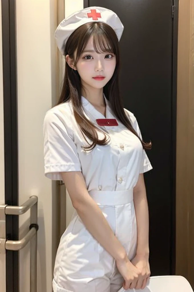 a woman in a white uniform posing for a picture with a nurse's hat on her head and a white shirt on, Du Qiong, anime girl, a marble sculpture, plasticien