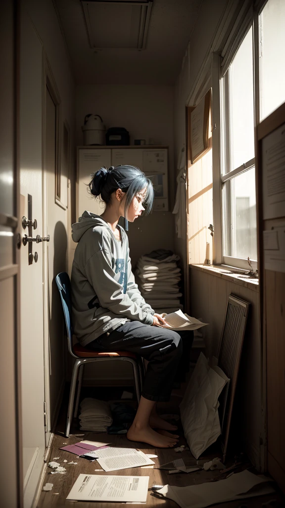A depressing and sad anime image could depict a young man sitting alone in a dark, untidy room. The dim lighting, coming from a small bedside lamp, casts long, melancholy shadows around the room. The girl is dressed in simple, worn-out clothes, and his eyes are half-closed, reflecting deep sadness. Tears run down your face, and she holds a crumpled photo of a lost loved one. No fundo, a window with bars shows a cloudy, gray sky, suggesting an oppressive and desolate environment. The floor is covered in scattered papers and objects., indicating disorder and abandonment. The predominant color palette is cold and somber tones., como azul, gray and black, to intensify the feeling of sadness and despair.