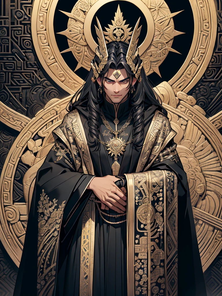 A handsome black haired man wearing a black robe covered in intricate gold and silver decoration, with motifs of ancient symbols representing power and wisdom. His face was covered by an elegant black mask with a design depicting the face of an invincible ancient god.